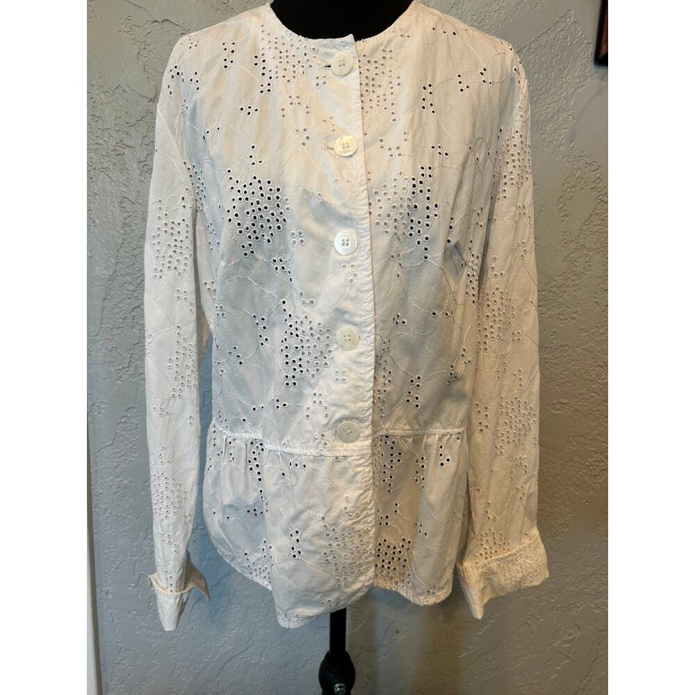 Live a Little White Eyelet Embroidered Peplum Jacket, Size L - Cottagecore